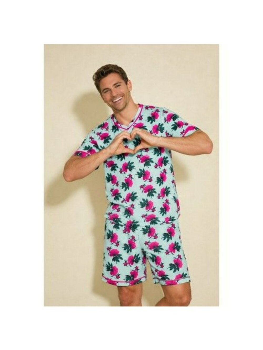 Cosabella Mens Pima Cotton Modal Pajama Set Medium Green Roses V-Neck Shorts NWT